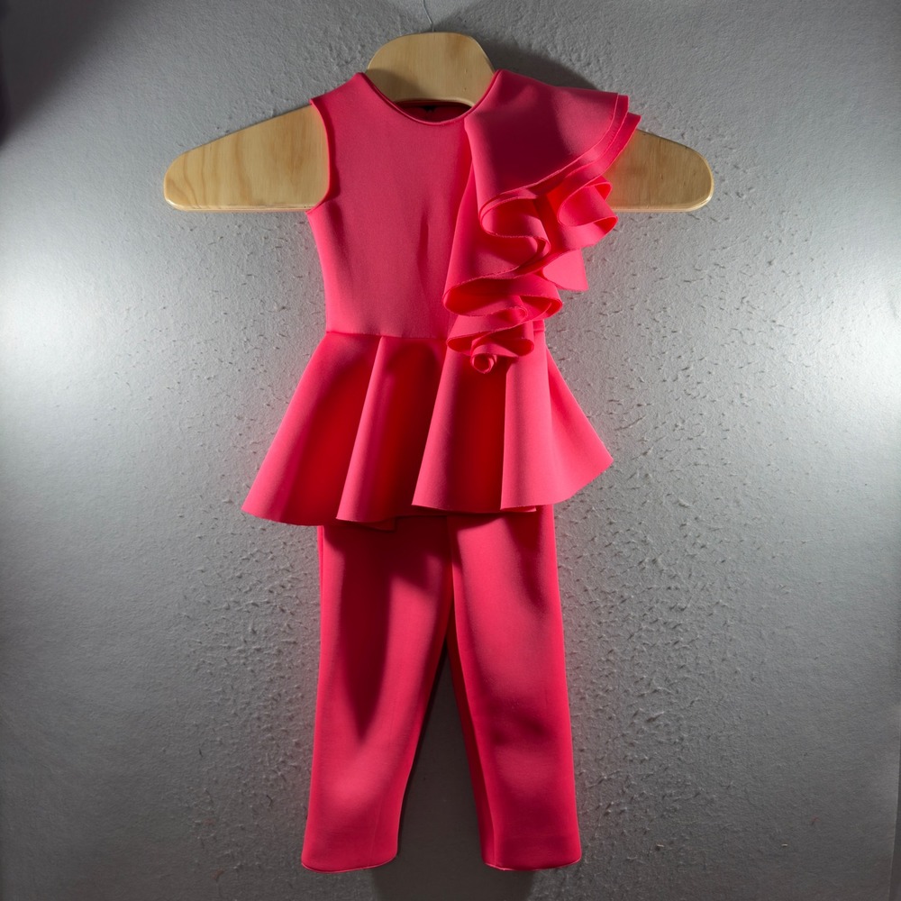 3078 | Hot Pink Ruffle Peplum Scuba Jumpsuit Barbie Style Costume Kids 5/6